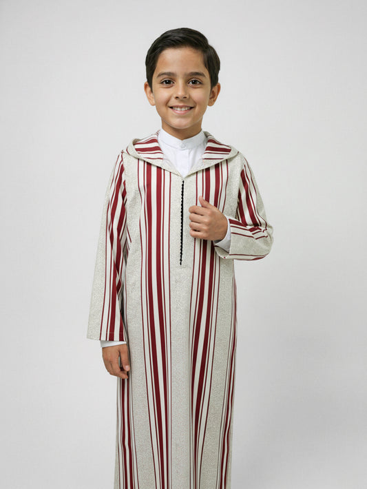 Boys’ Burgundy & Cream Striped Hooded Djellaba – Long Sleeve Robe for Eid & Everyday Wear