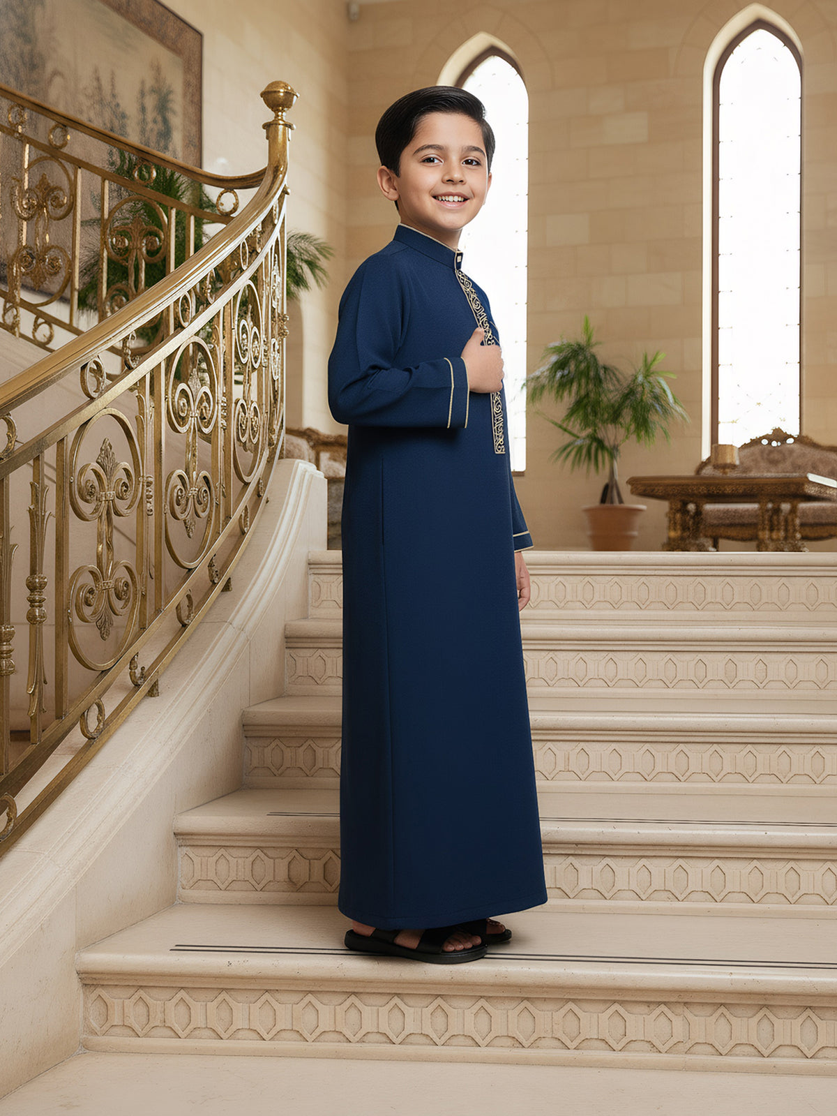 Boys' Embroidered Thobe – Classic Navy Blue Long-Sleeve Arabic Robe with Gold Trim