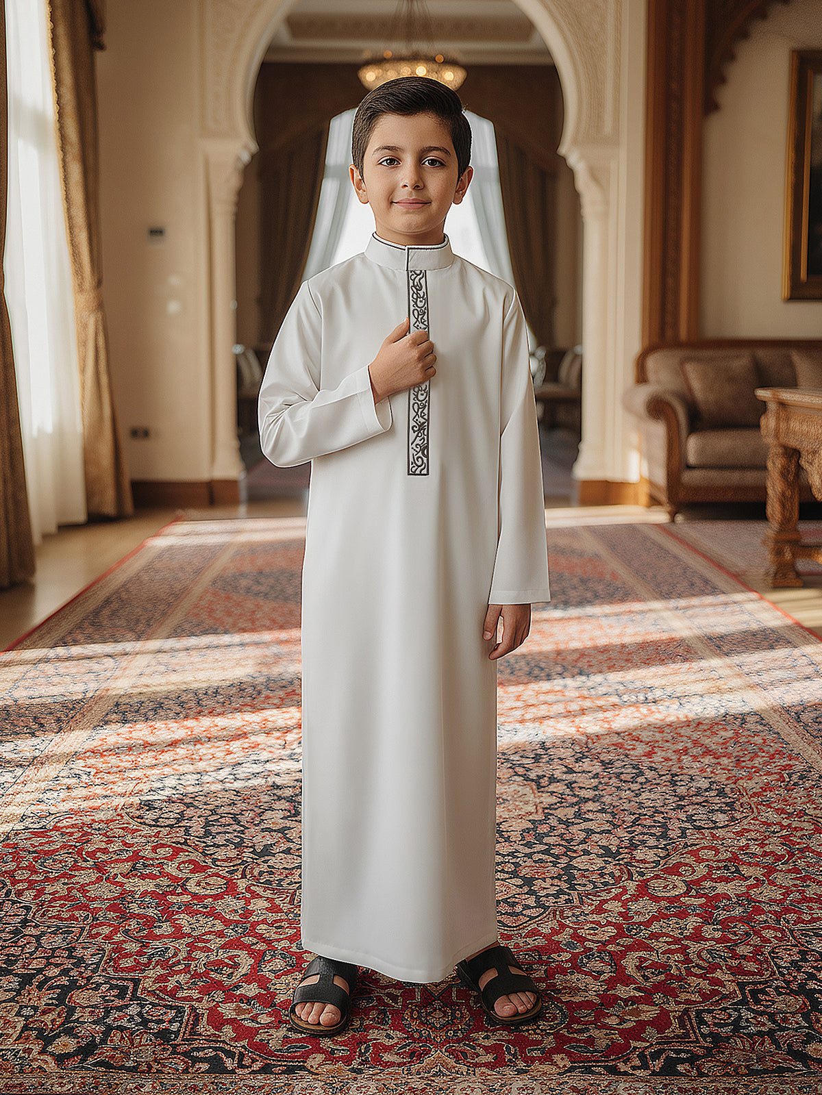 Boys' White Thobe with Black Ornamental Embroidery