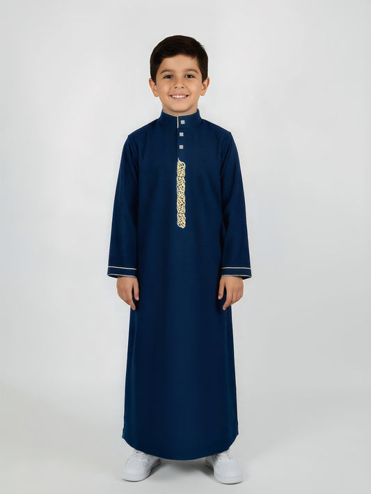 Boys' Navy Blue Thobe with Gold Embroidery & Button Placket