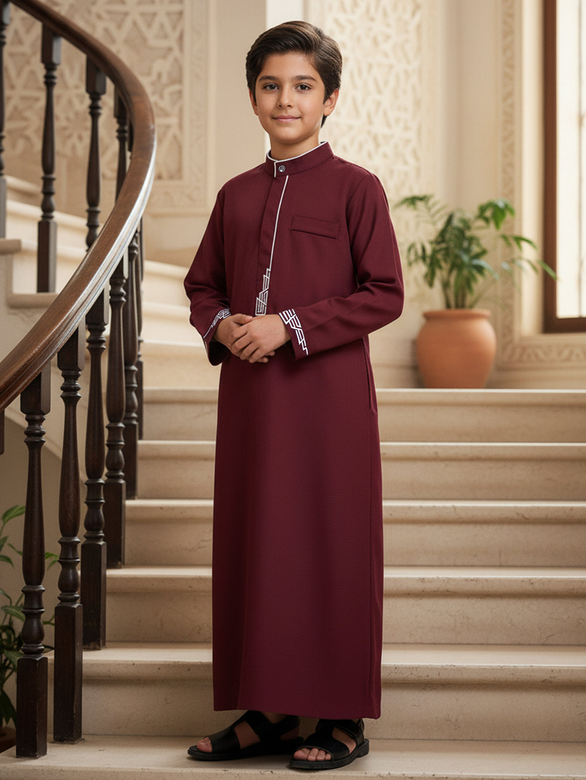 Boys' Burgundy Embroidered Thobe with Stand Collar & Chest Pocket