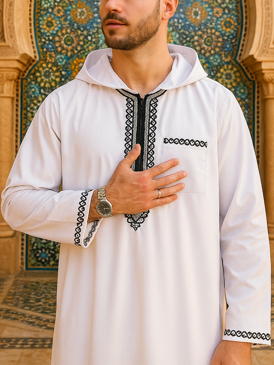 Classic Hooded Moroccan Men's Thobe - Zipper Front with Contrast Embroidery, Two Colors Available