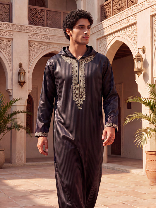 Men's Black Hooded Thobe with Gold Embroidery - Striped Prayer & Festival Robe