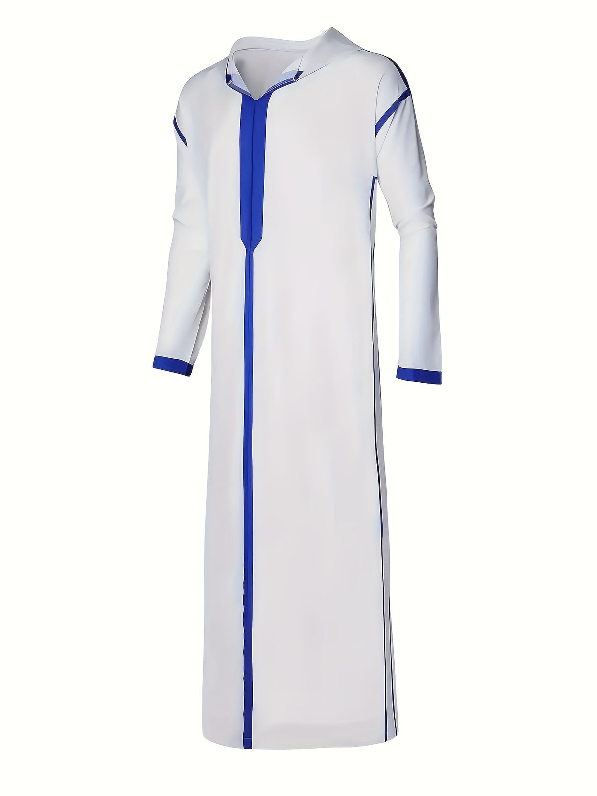 Thobe musulman homme à col en V et manches longues, imprimé bleu et blanc – Design moderne et décontracté