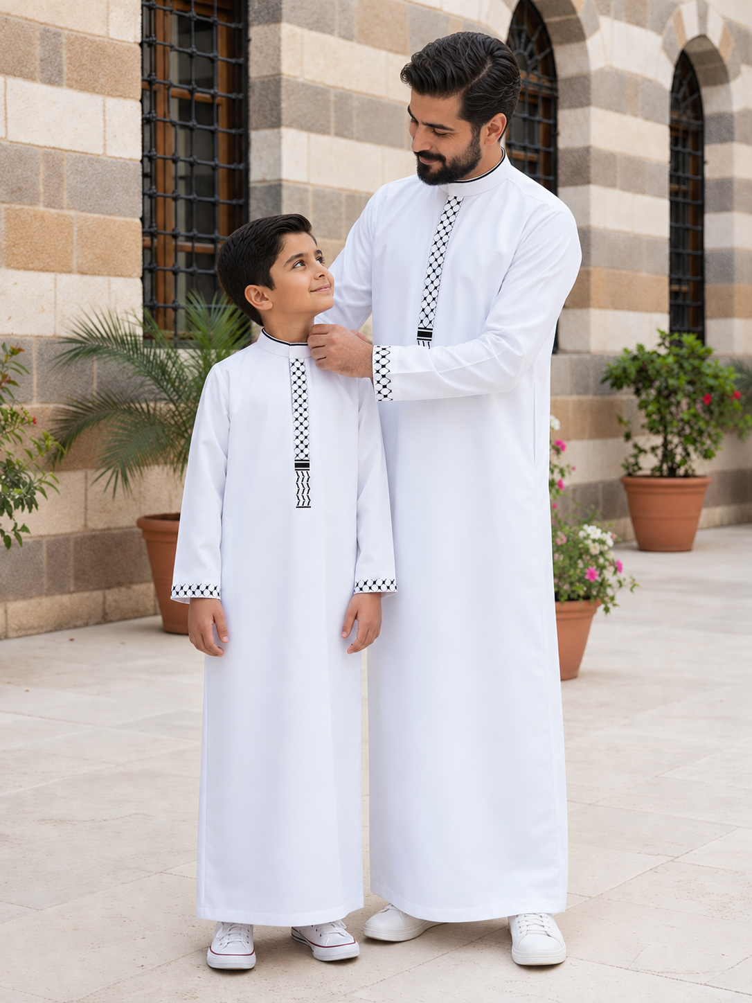 Matching Father & Son White Thobes with Black Keffiyeh-Inspired Embroidery – Long Sleeve Islamic Robes for Eid & Prayer