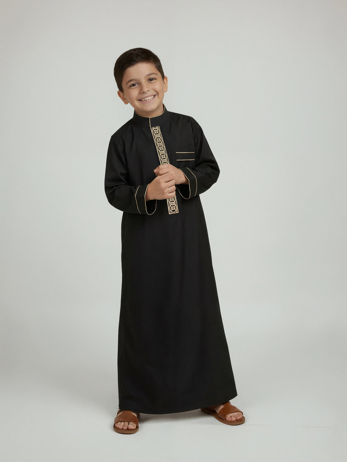 Boys' Geometric Embroidered Thobe with Gold-Tone Trim – Available in White or Black