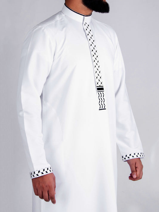 Men's Stand Collar Embroidered Thobe - 3 Colors Available