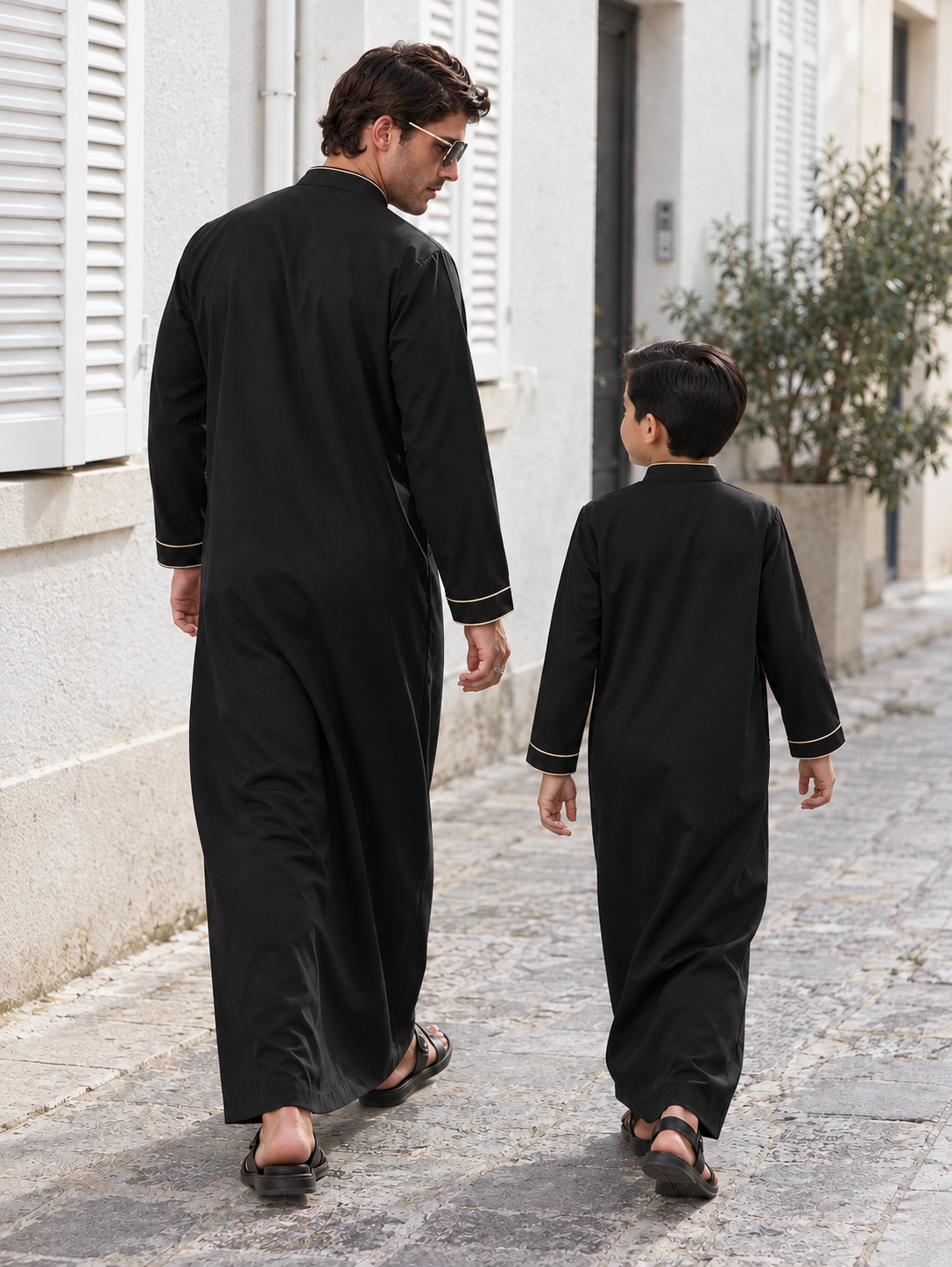 Matching Father & Son Black Thobes with Gold Geometric Embroidery – Long Sleeve Islamic Robes for Eid & Family Occasions