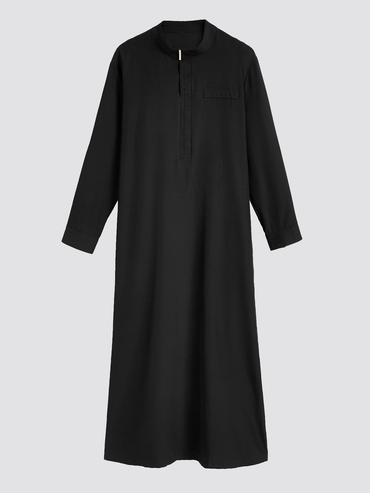 Thobe noir moderne pour homme à col montant – Finitions métalliques, patte de boutonnage dissimulée et détails aux poignets en forme de L