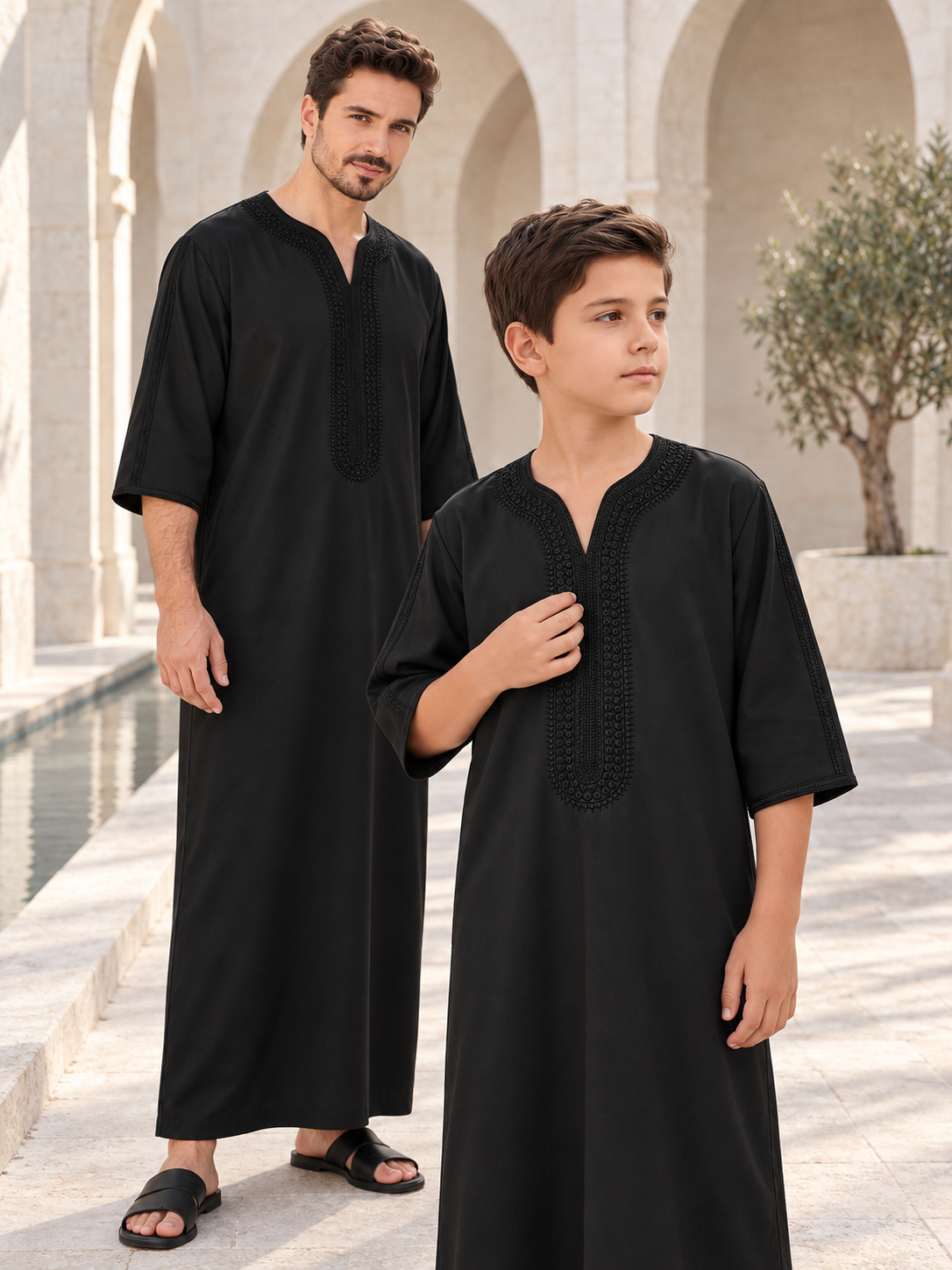 Matching Father & Son Black Kaftans with Tonal Embroidery – Relaxed Full-Length Robes for Eid & Summer Occasions