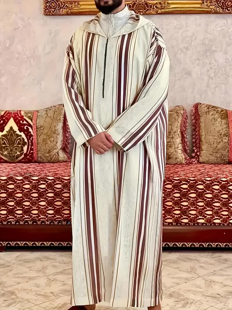 Thobe marocain à capuche pour homme - Robe de prière décontractée à rayures