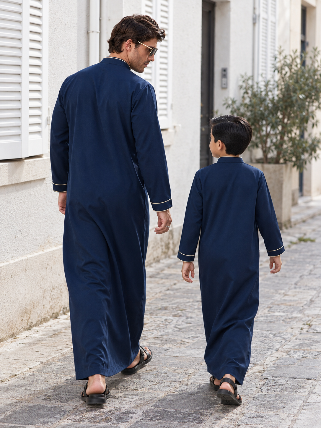 Matching Father & Son Navy Blue Thobes with Gold Embroidery – Long Sleeve Islamic Robes for Eid & Family Occasions