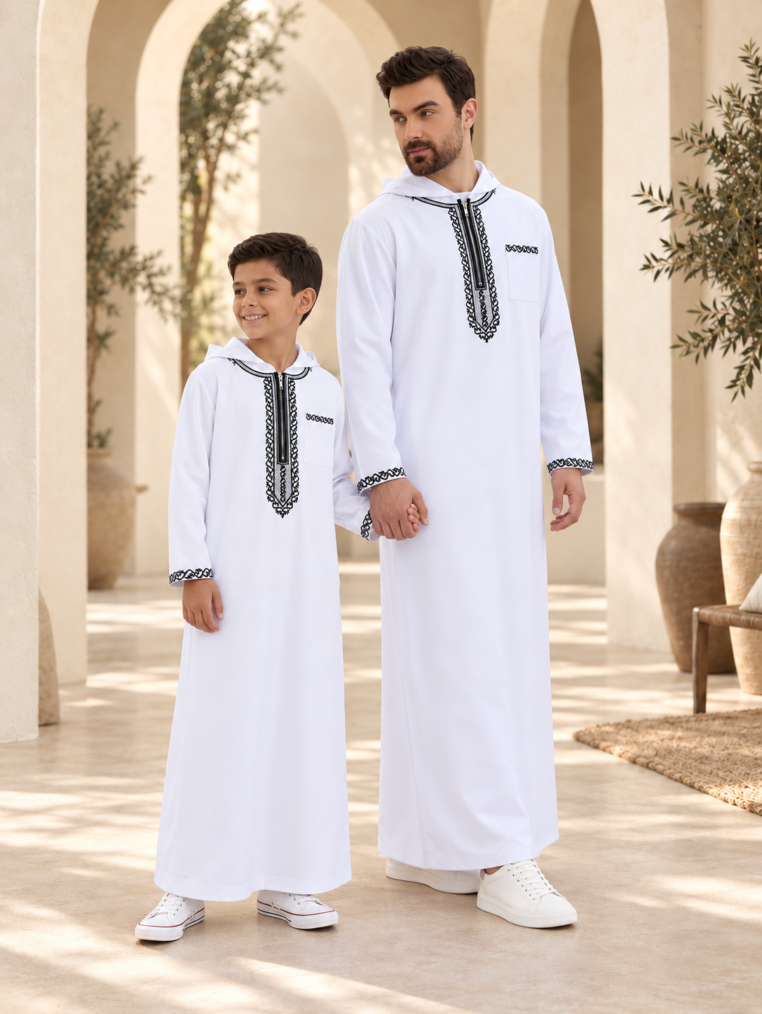 Father & Son Matching White Hooded Thobes with Black Embroidery – Zip-Neck Robes for Eid & Family Gatherings