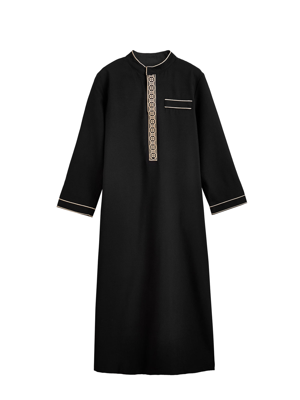 Boys' Geometric Embroidered Thobe with Gold-Tone Trim – Available in White or Black