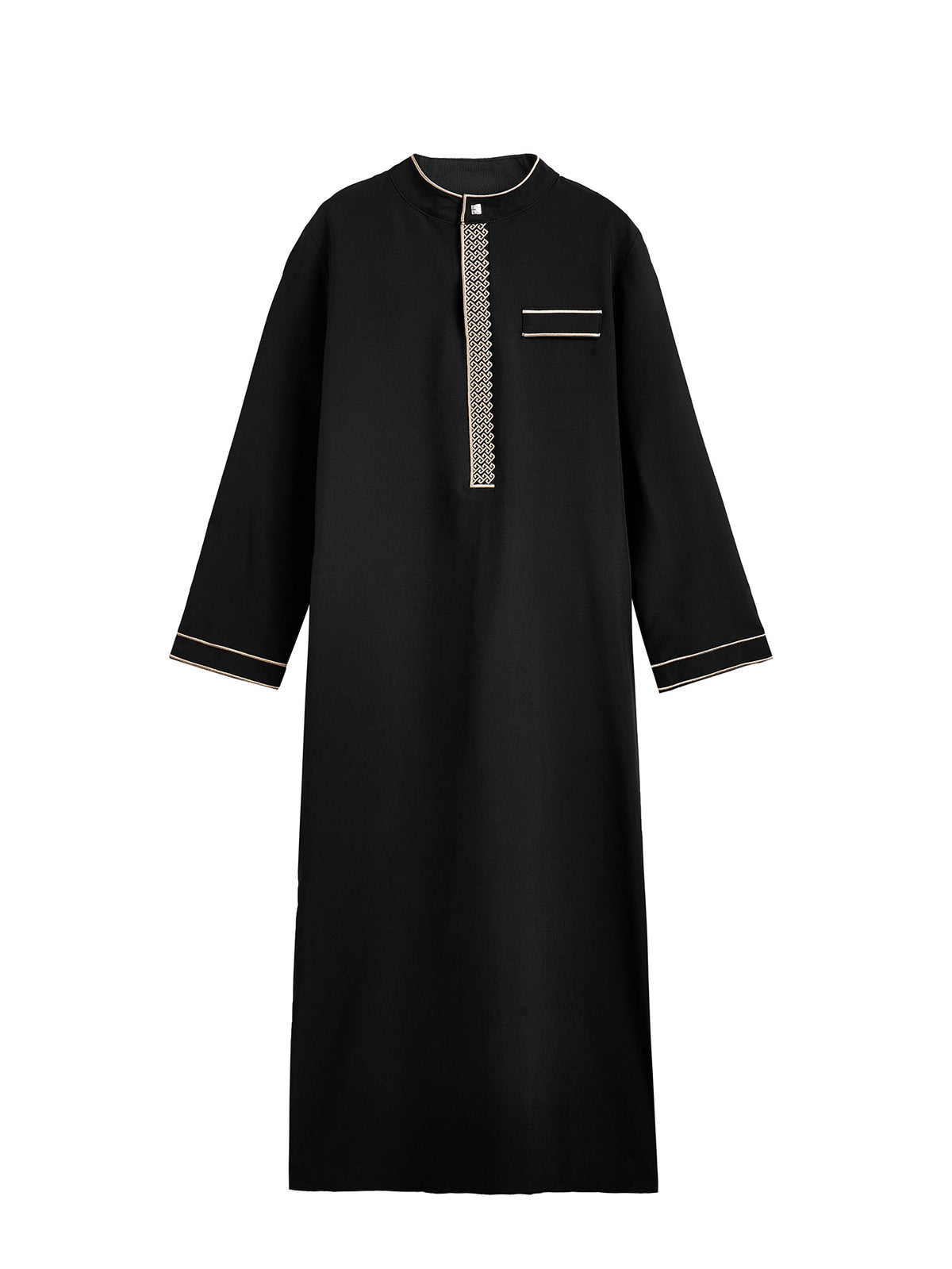 Boys' Black Embroidered Thobe with Gold-Tone Trim & Chest Pocket