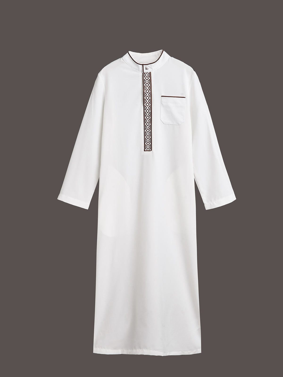 Boys' White Embroidered Thobe with Stand Collar & Pockets