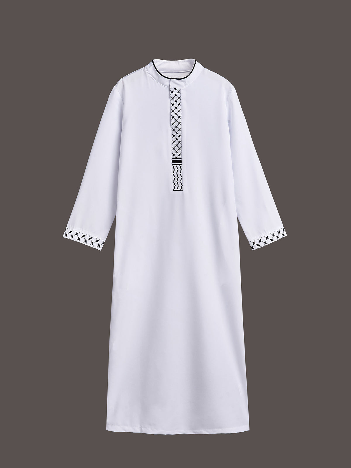 Boys' Embroidered Thobe – Classic Long-Sleeve Arabic Robe with Keffiyeh-Inspired Trim