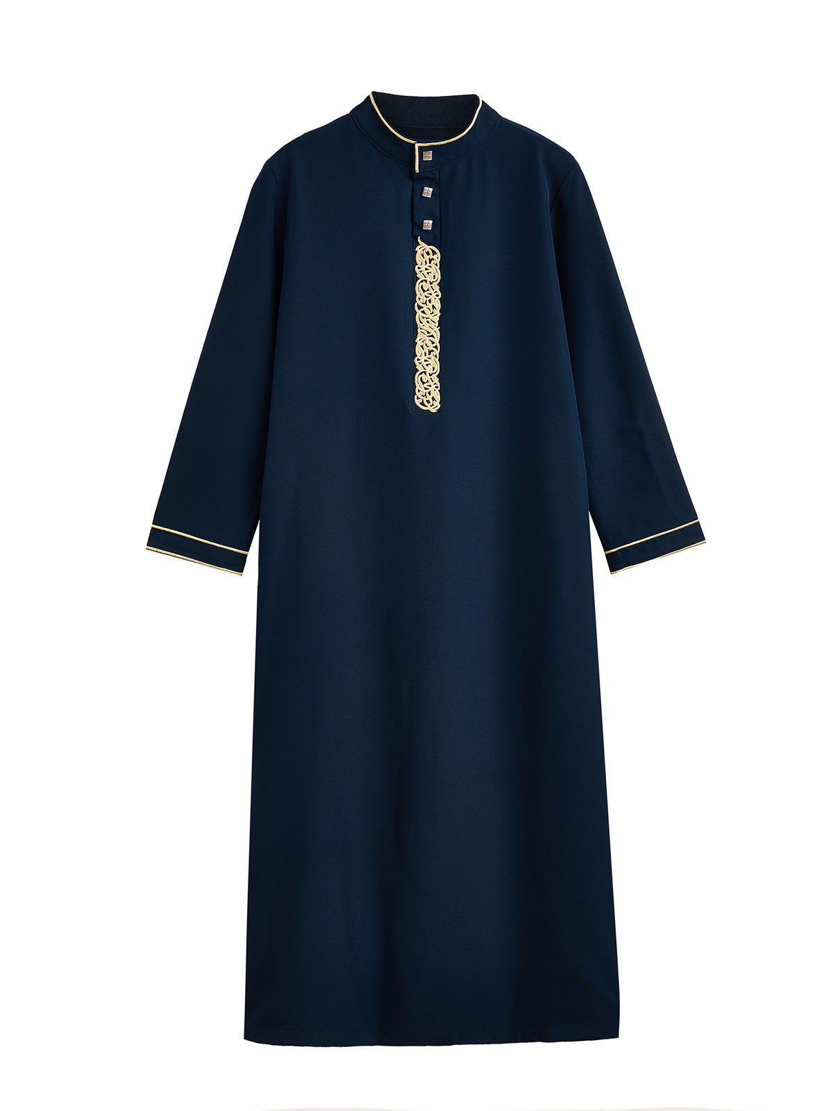 Boys' Navy Blue Thobe with Gold Embroidery & Button Placket