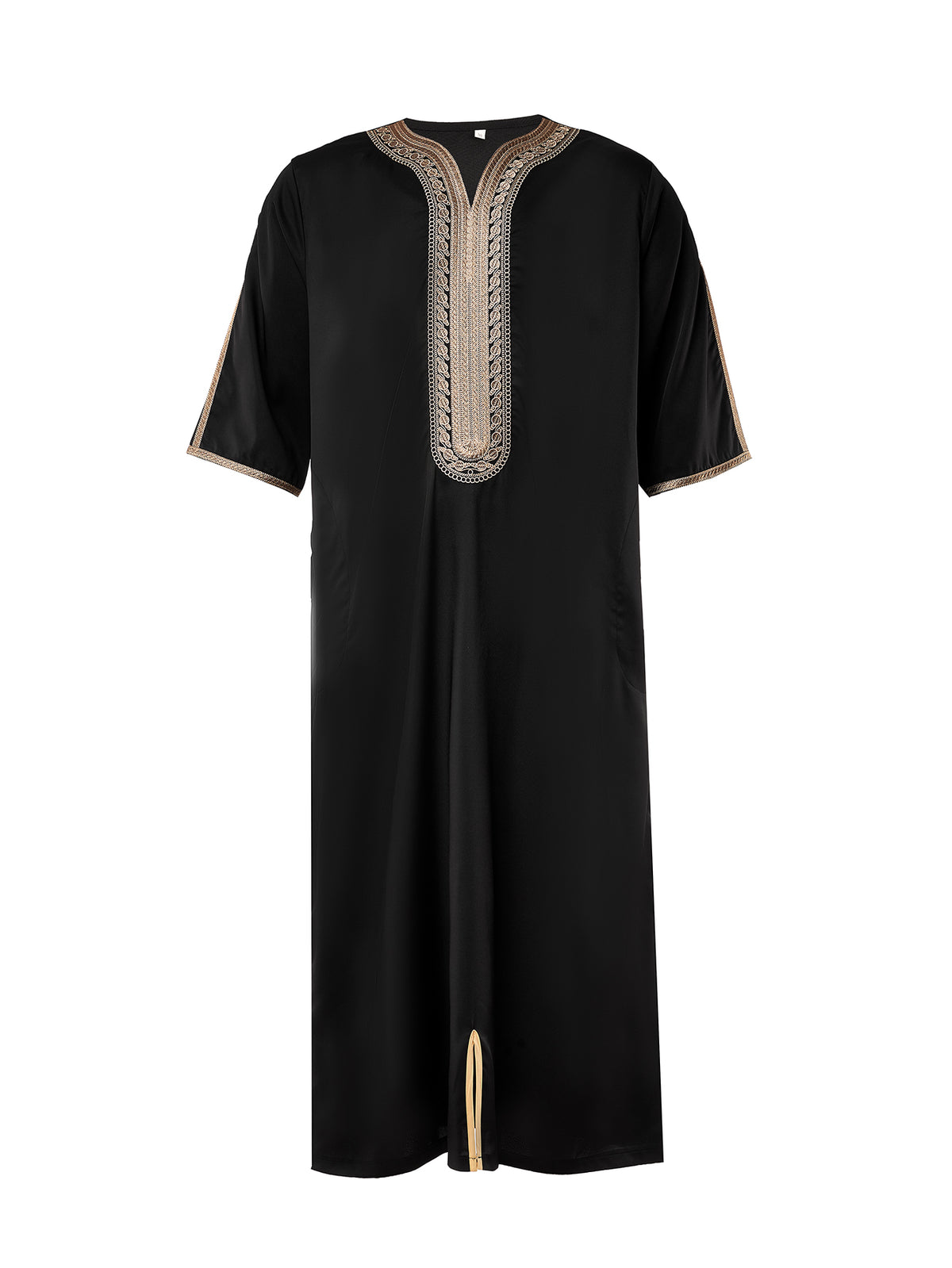 Thobe marocain noir à col en V avec broderie dorée pour homme - Manches courtes