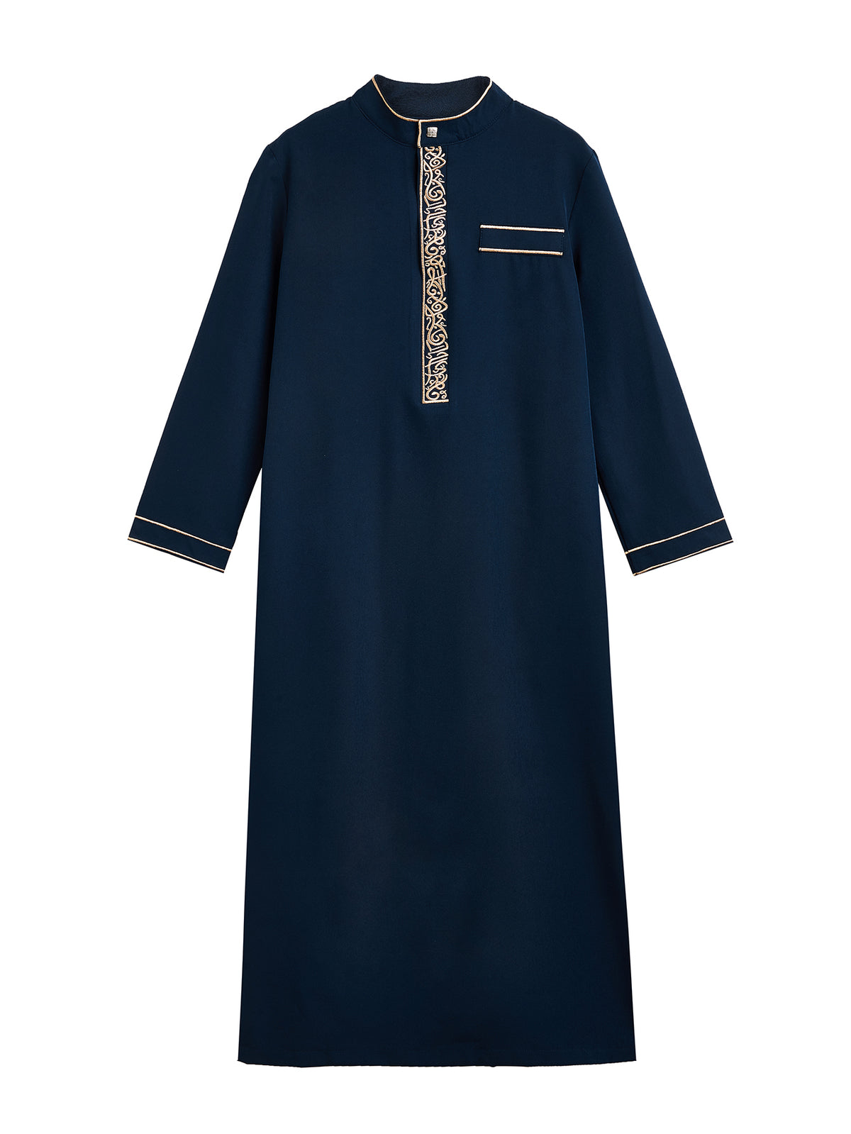 Boys' Embroidered Thobe – Classic Navy Blue Long-Sleeve Arabic Robe with Gold Trim