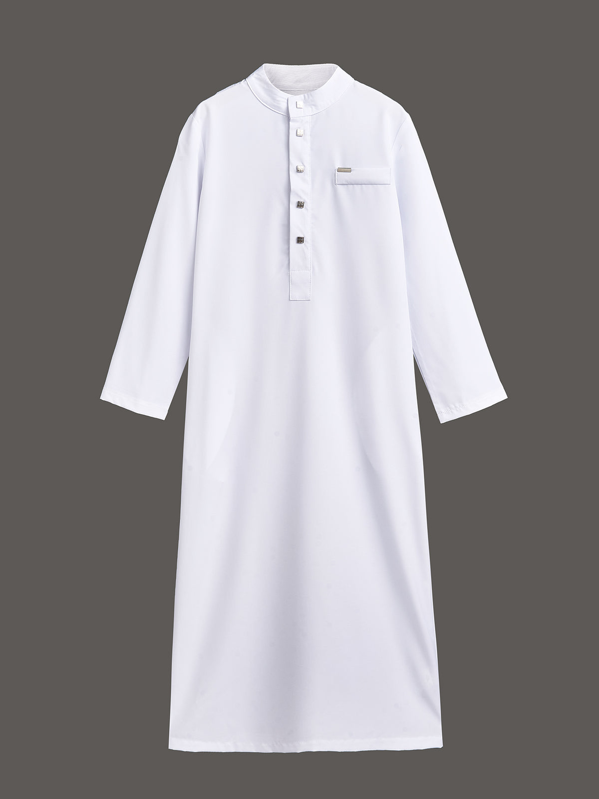Boys’ Stand-Collar Thobe with Square Button Details & Chest Pocket – Available in White or Black
