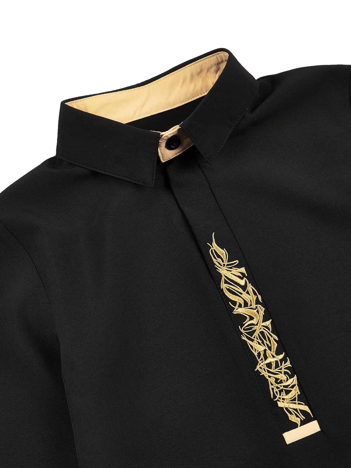Boys’ Black Thobe with Turn-Down Collar and Gold Embroidered Placket