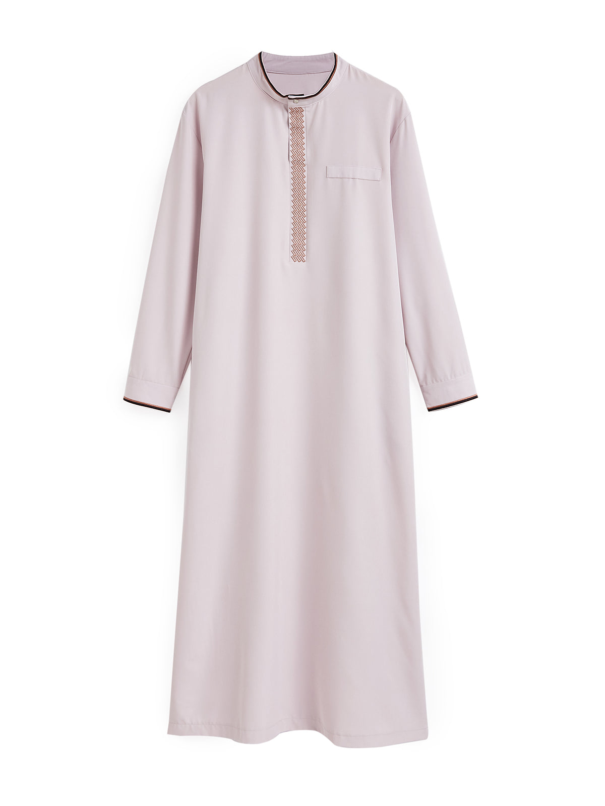 Qamis violet clair à col montant avec broderie géométrique marron et passepoil contrastant noir - Coupe décontractée
