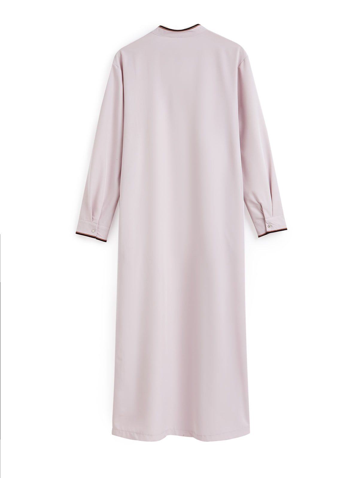 Qamis violet clair à col montant avec broderie géométrique marron et passepoil contrastant noir - Coupe décontractée
