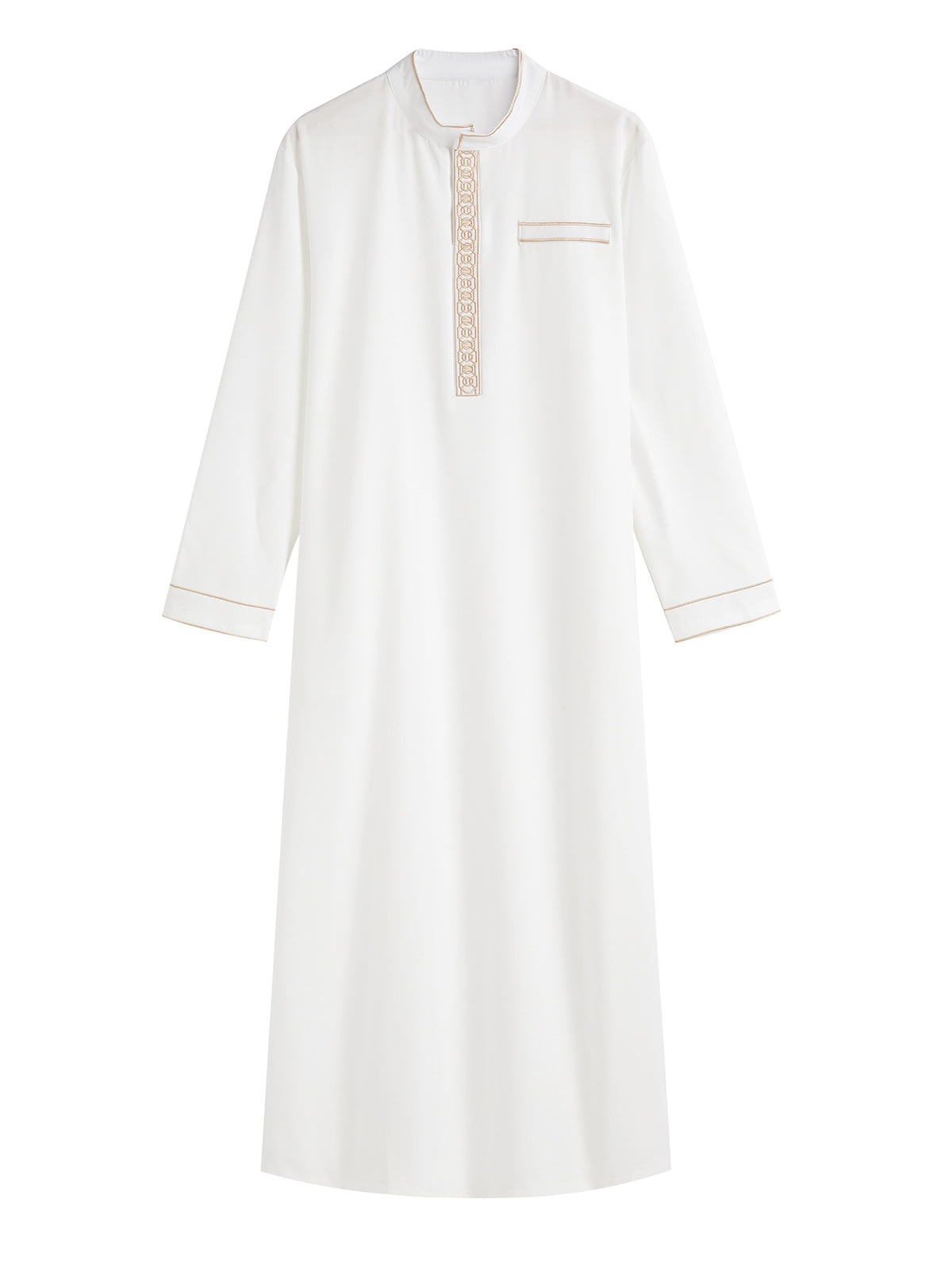 Qamis raffiné pour homme avec col montant, broderie géométrique et fausse poche décorative – Deux couleurs disponibles