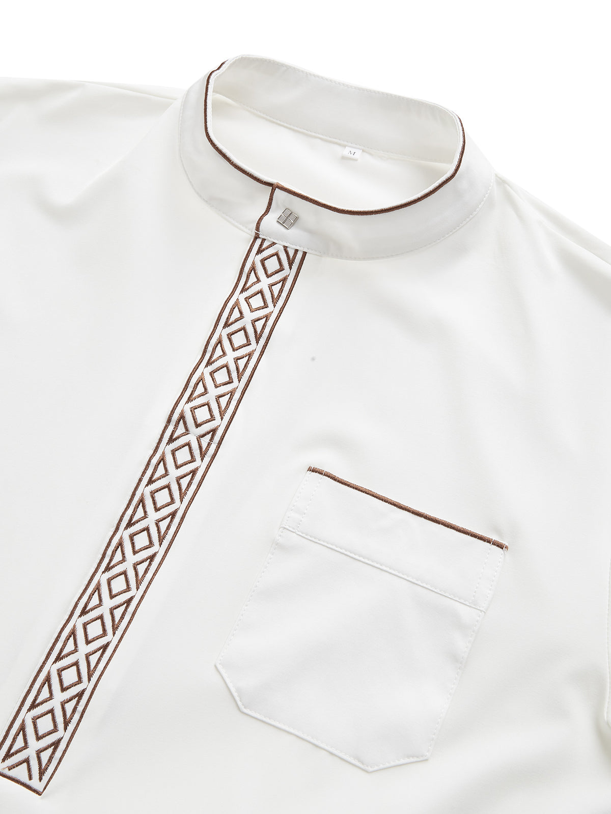 Qamis blanc à col montant pour homme avec broderie géométrique marron et or - Design minimaliste