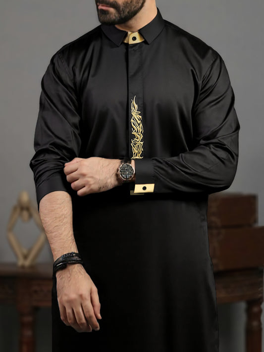 Men's Black Stand Collar Thobe with Gold Embroidery - Middle Eastern Robe