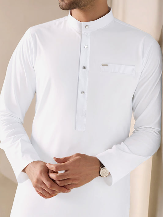 Modern Minimalist Men's Pure White Stand Collar Thobe - Silver Metal Square Buttons & Pocket Trim Detail