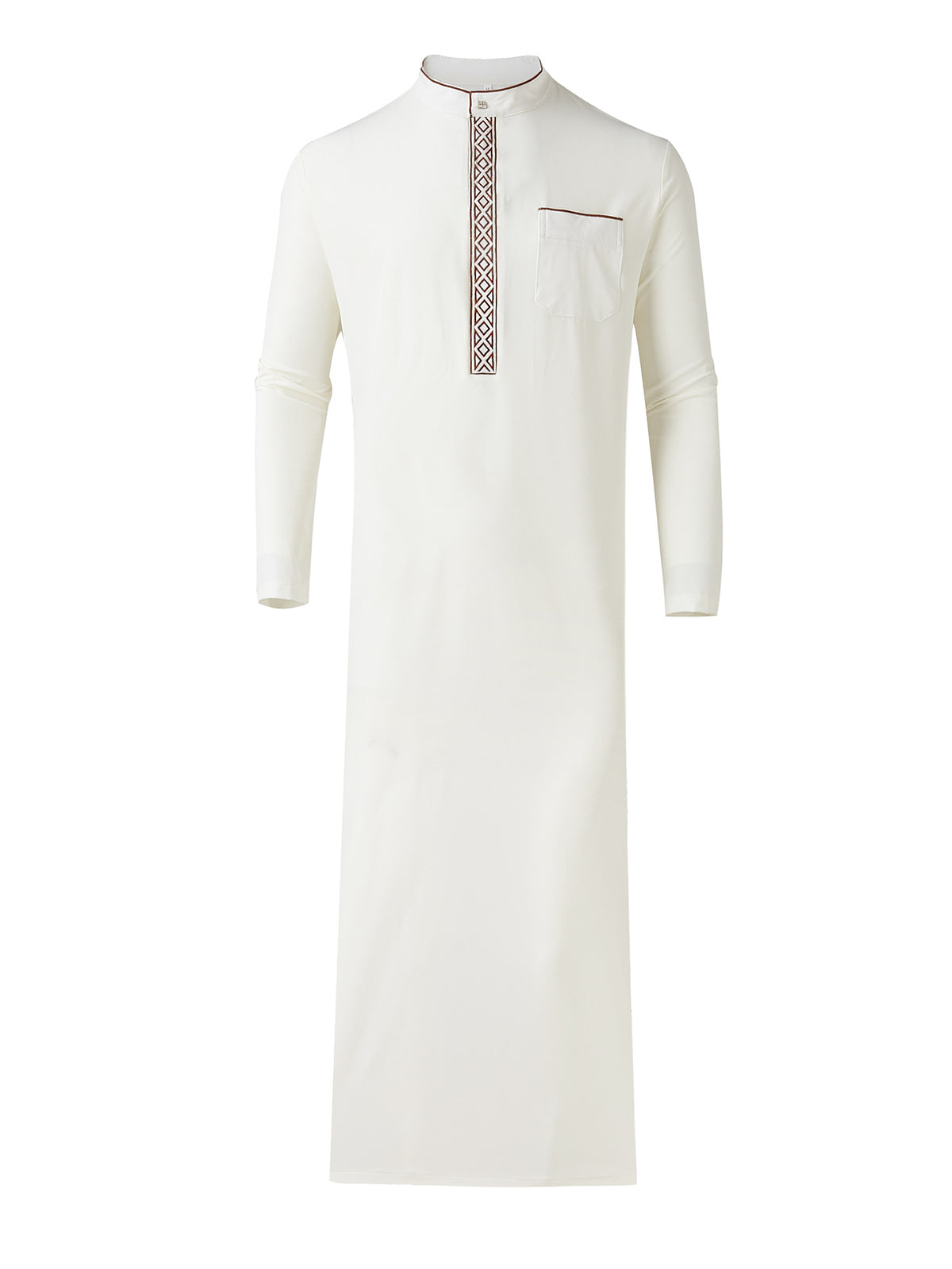 Qamis blanc à col montant pour homme avec broderie géométrique marron et or - Design minimaliste