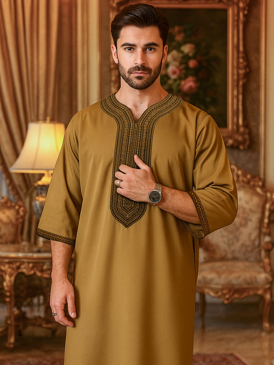 Men's Khaki Moroccan Thobe with Black Embroidery - V-Neck Short Sleeve
