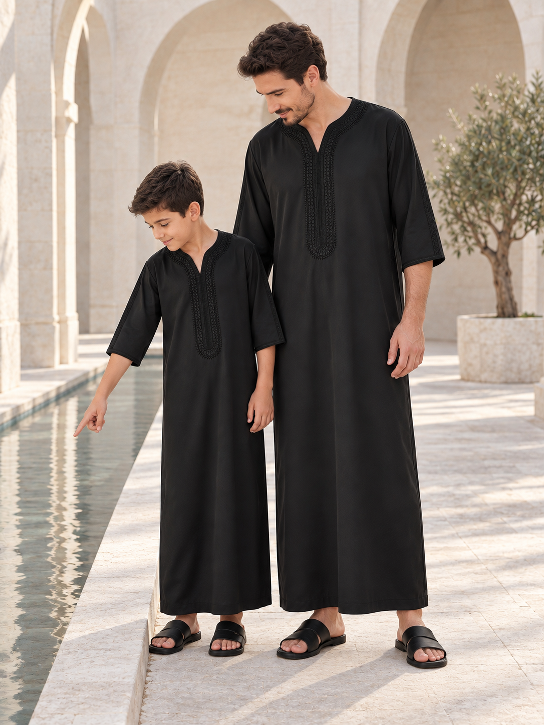 Matching Father & Son Black Kaftans with Tonal Embroidery – Relaxed Full-Length Robes for Eid & Summer Occasions