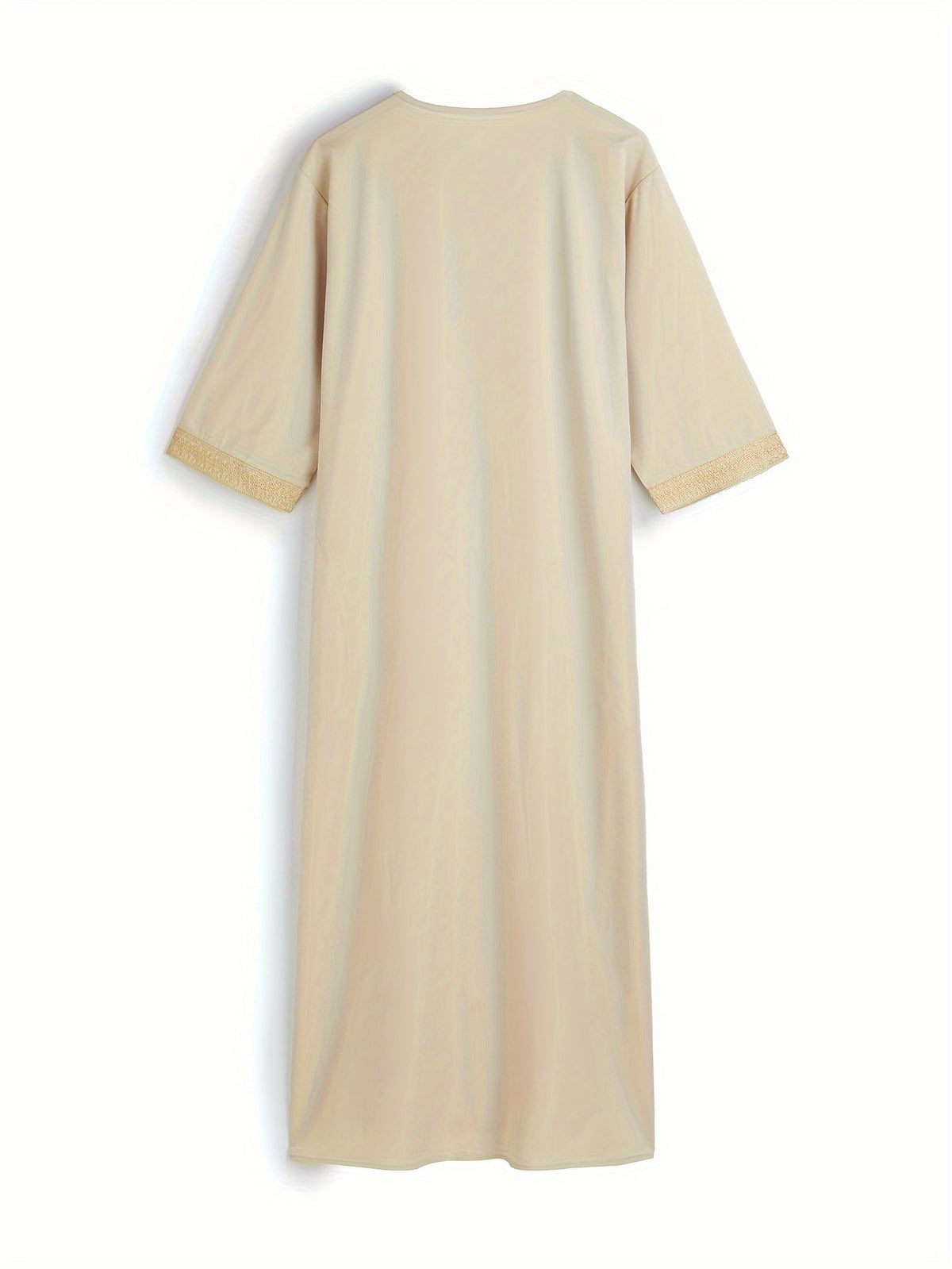 Thobe marocain homme beige, col en V, manches courtes, broderie dorée - Tenue traditionnelle pour l'Aïd