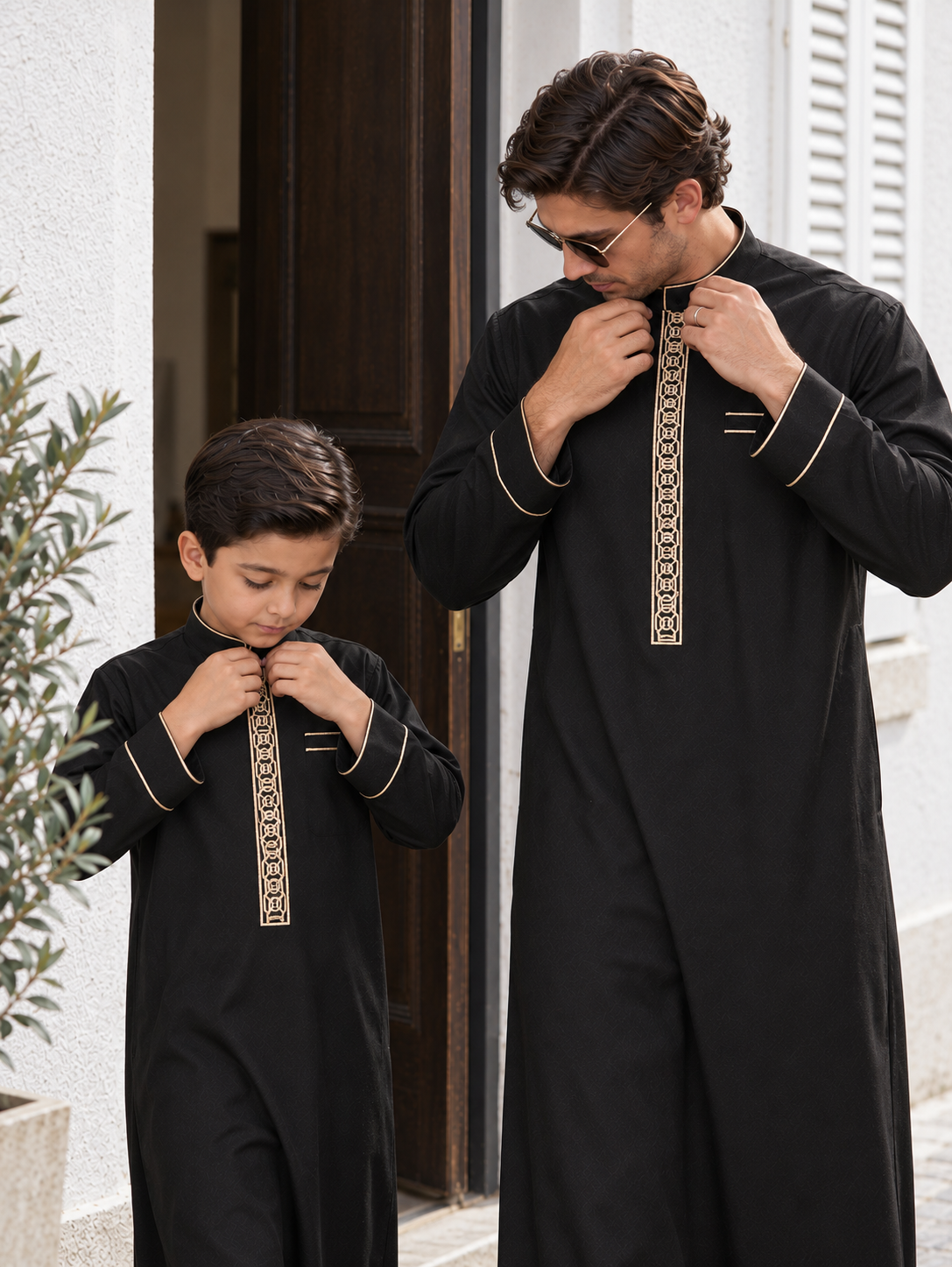 Matching Father & Son Black Thobes with Gold Geometric Embroidery – Long Sleeve Islamic Robes for Eid & Family Occasions