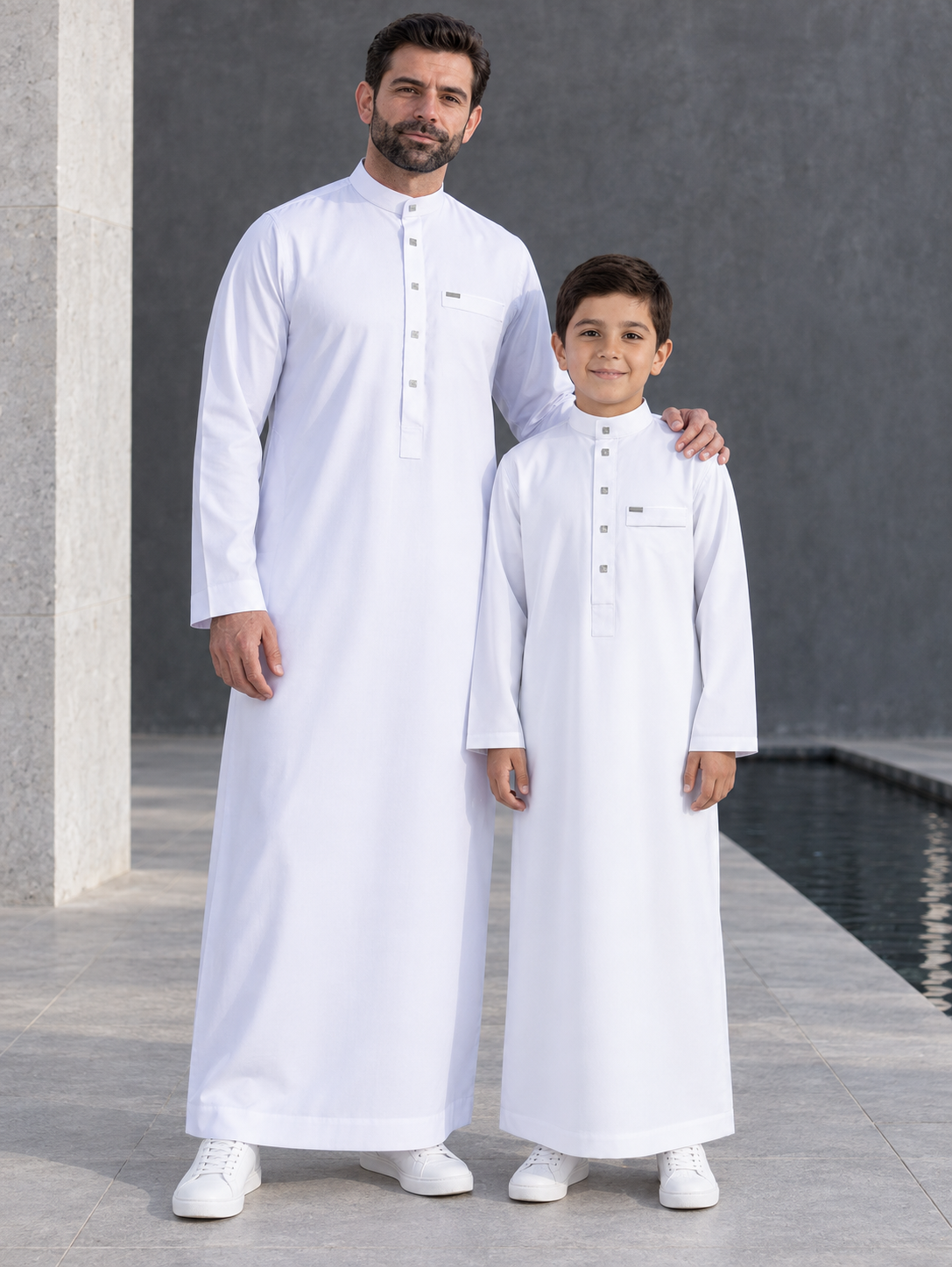 Matching Father & Son White Thobes with Silver-Tone Button Details – Long Sleeve Islamic Robes for Eid, Prayer & Everyday Wear