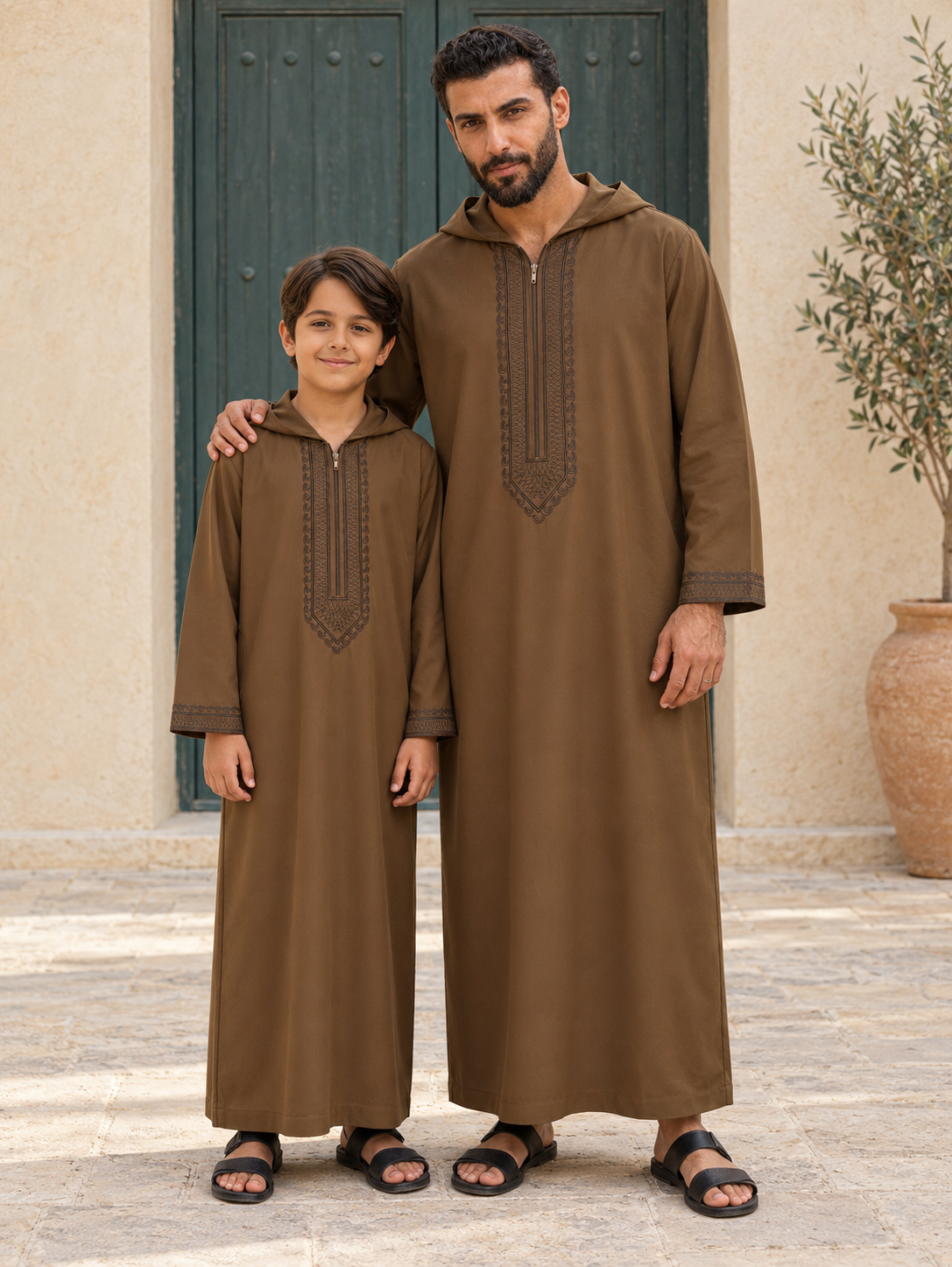 Matching Father & Son Brown Hooded Djellabas with Tonal Embroidery – Long Sleeve Robes for Eid & Family Occasions
