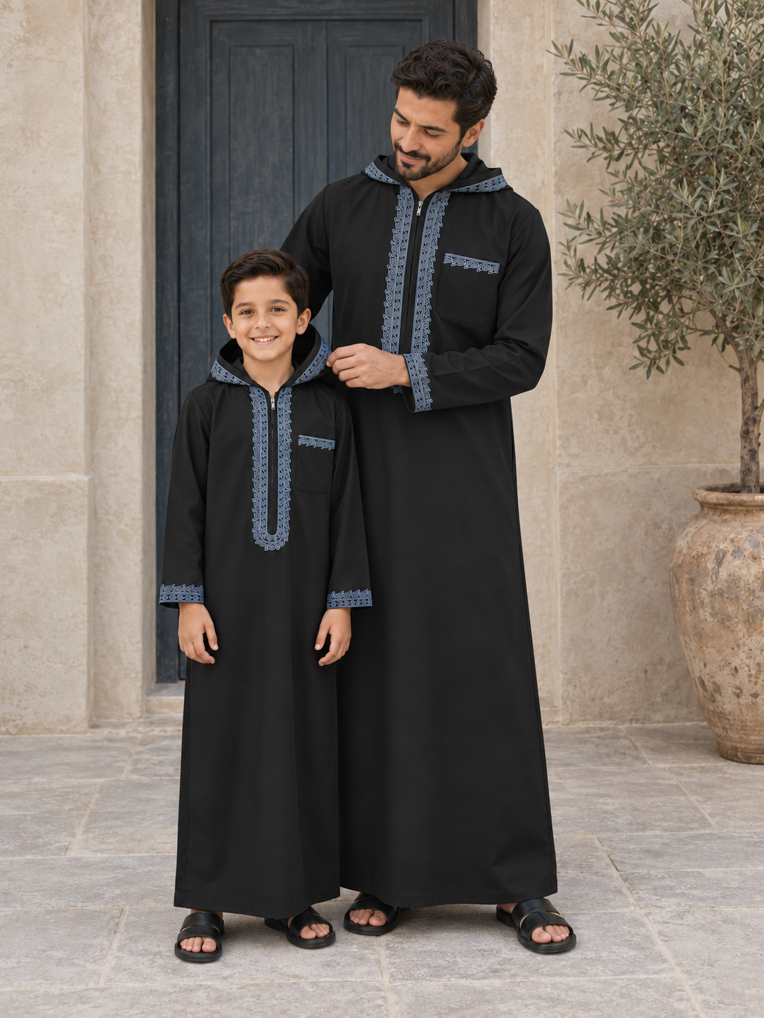 Matching Father & Son Black Hooded Djellabas with Blue Embroidery – Long Sleeve Robes for Eid & Family Occasions