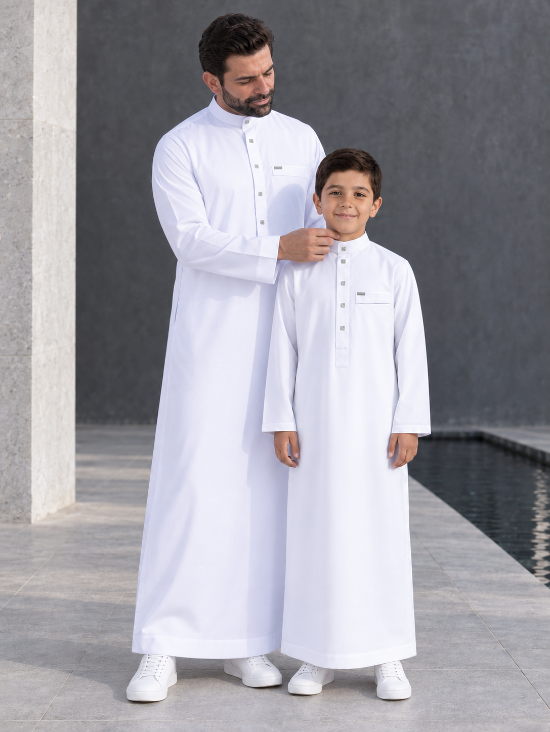 Matching Father & Son White Thobes with Silver-Tone Button Details – Long Sleeve Islamic Robes for Eid, Prayer & Everyday Wear