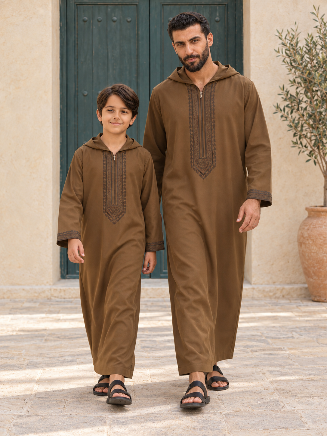 Matching Father & Son Brown Hooded Djellabas with Tonal Embroidery – Long Sleeve Robes for Eid & Family Occasions