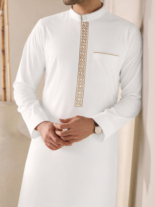 Men's White Stand Collar Thobe with Brown & Gold Geometric Embroidery - Minimalist Design